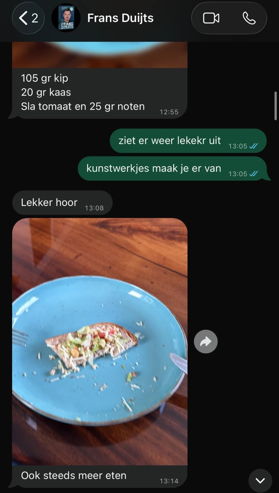 WhatsApp-bericht van Frans Duijts: ook steeds meer eten