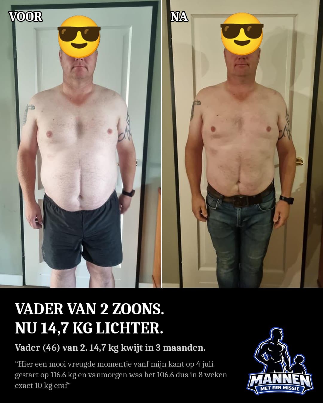 Voor en na: 14,7 kg in 3 maanden, begonnen voor zijn gezondheid, met coaching van Mannen met een Missie