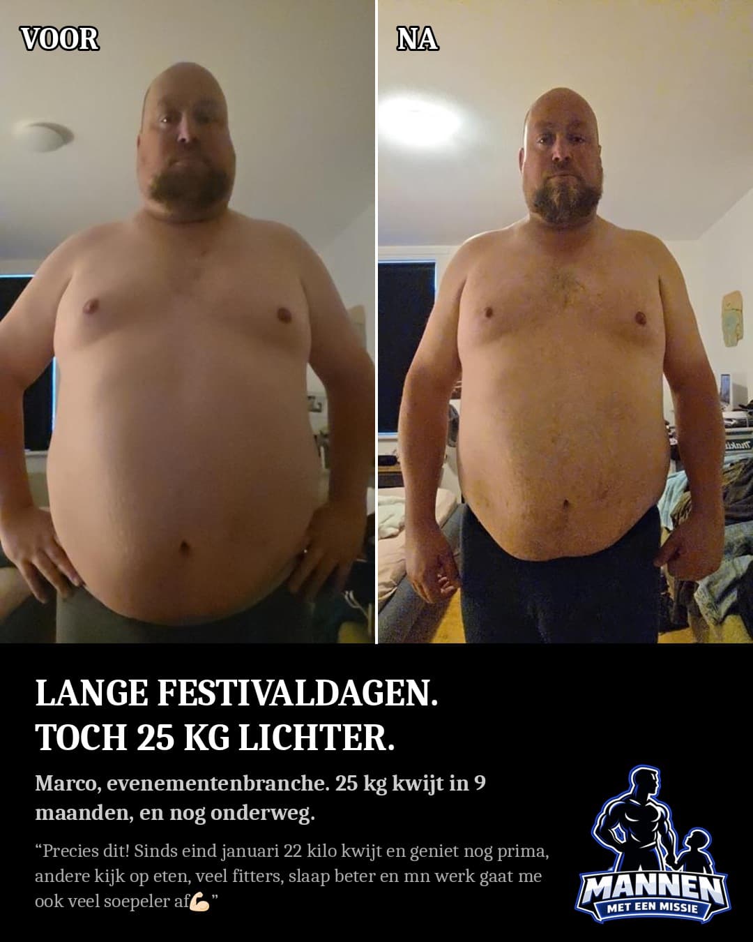 Voor en na: Marco, 25 kg lichter, met coaching van Mannen met een Missie