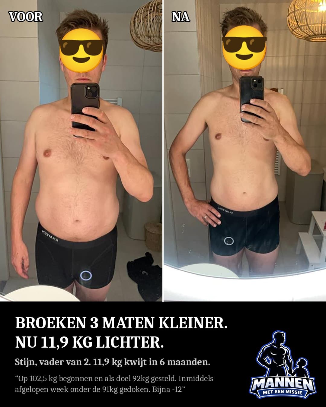 Voor en na: Stijn, 11,9 kg lichter, met coaching van Mannen met een Missie