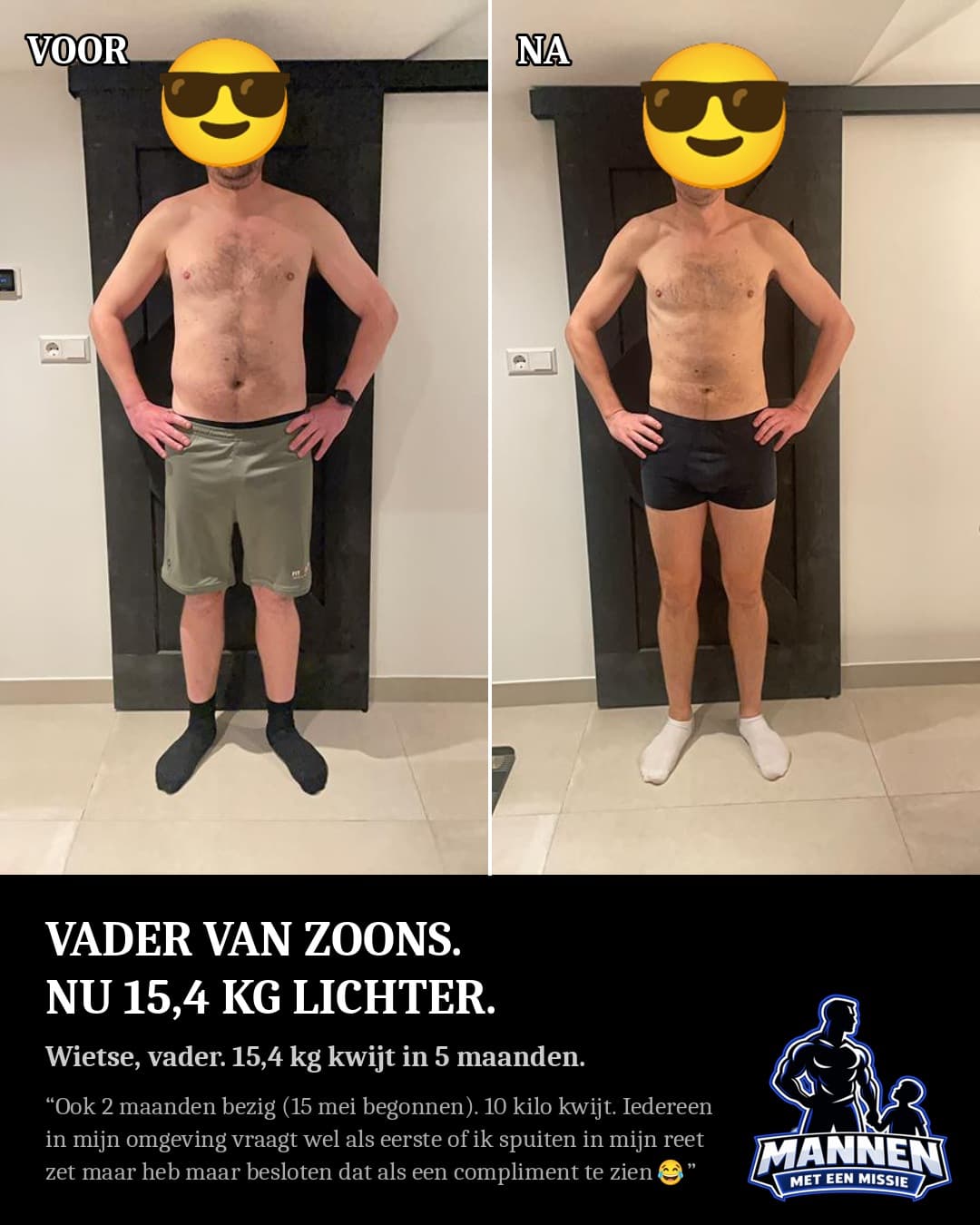 Voor en na: Wietse, 15,4 kg lichter, met coaching van Mannen met een Missie