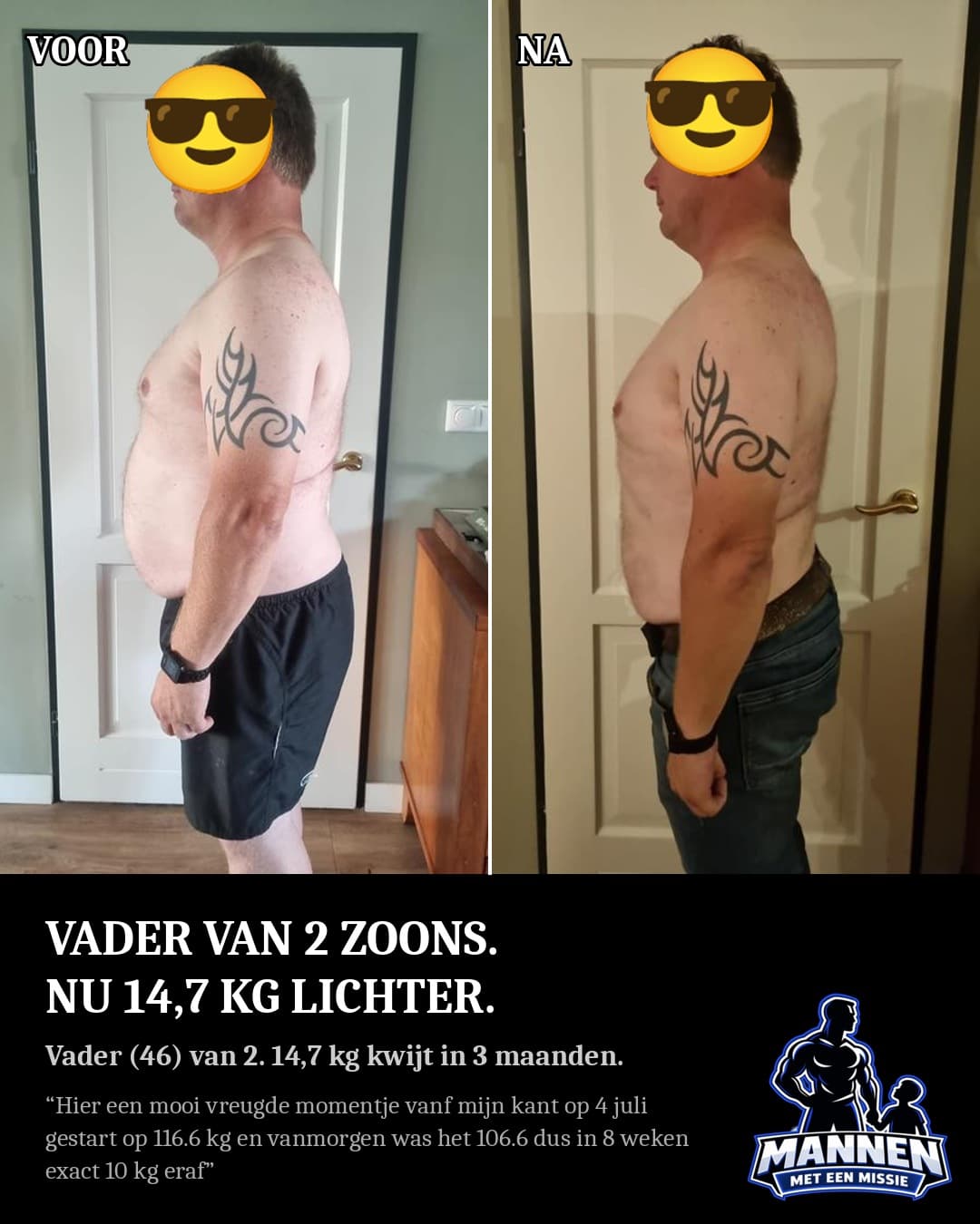 Voor en na: 14,7 kg in 3 maanden, begonnen voor zijn gezondheid, met coaching van Mannen met een Missie
