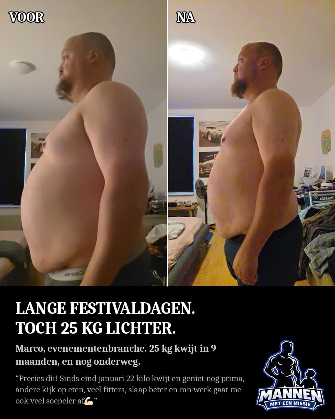 Voor en na: Marco, 25 kg lichter, met coaching van Mannen met een Missie