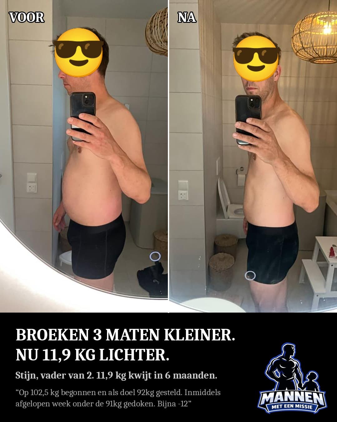 Voor en na: Stijn, 11,9 kg lichter, met coaching van Mannen met een Missie