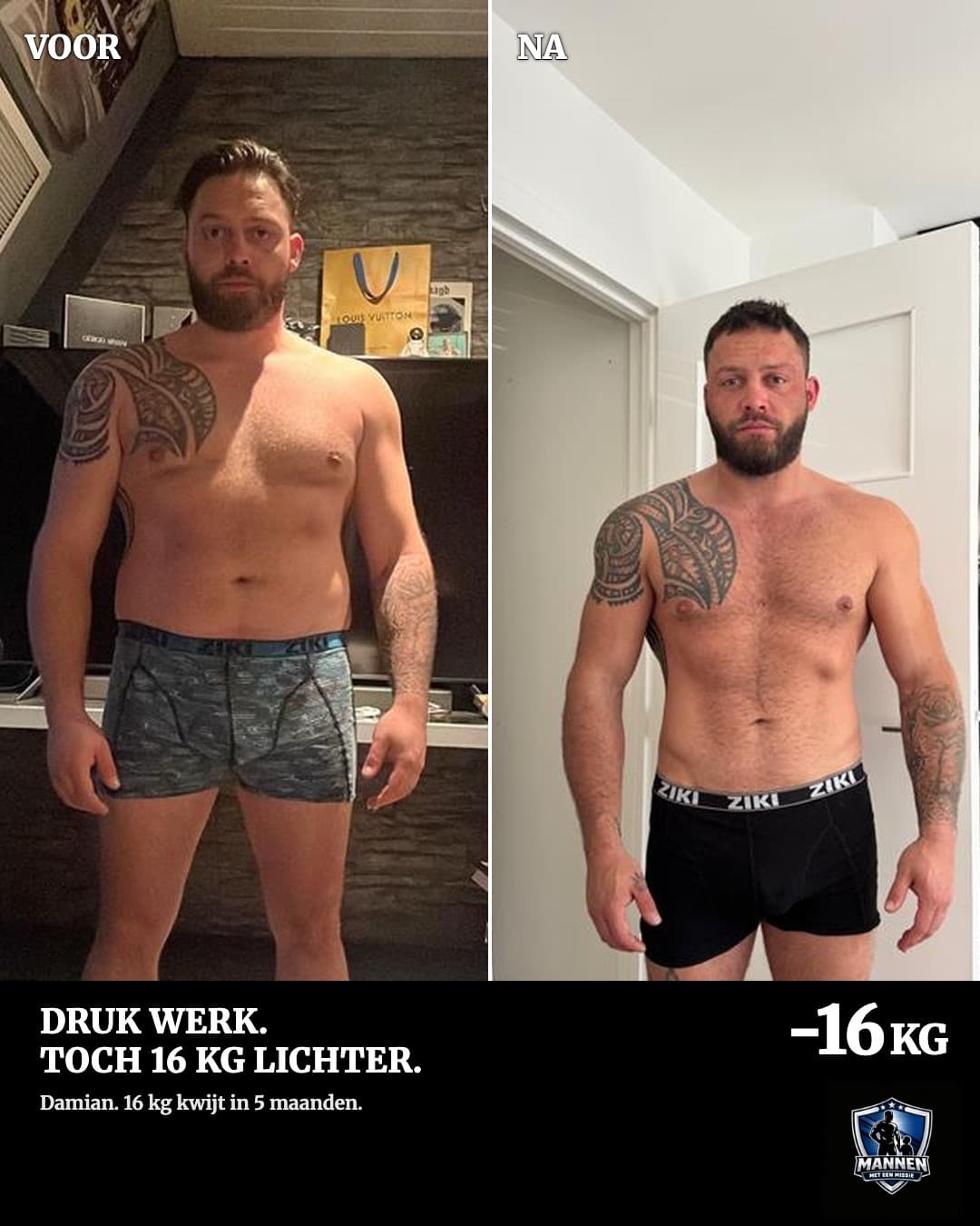Voor en na: Damian, 16 kg lichter, met coaching van Mannen met een Missie