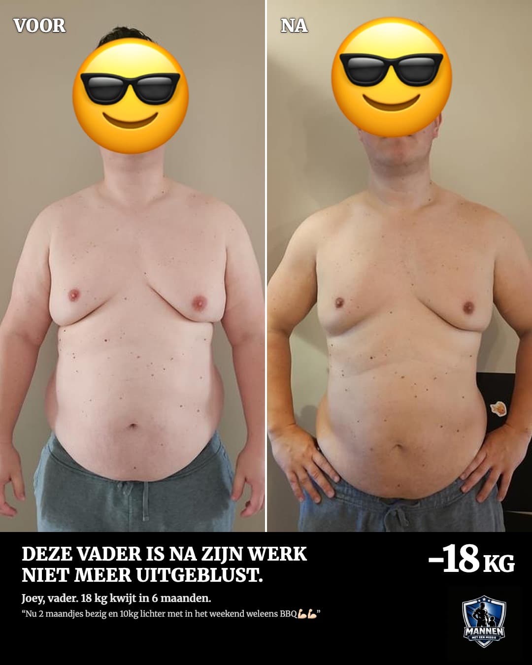 Voor en na: Joey, 18 kg lichter, met coaching van Mannen met een Missie