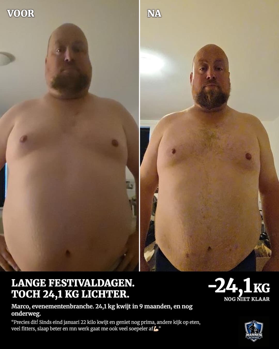 Voor en na: Marco, 24,1 kg lichter, met coaching van Mannen met een Missie