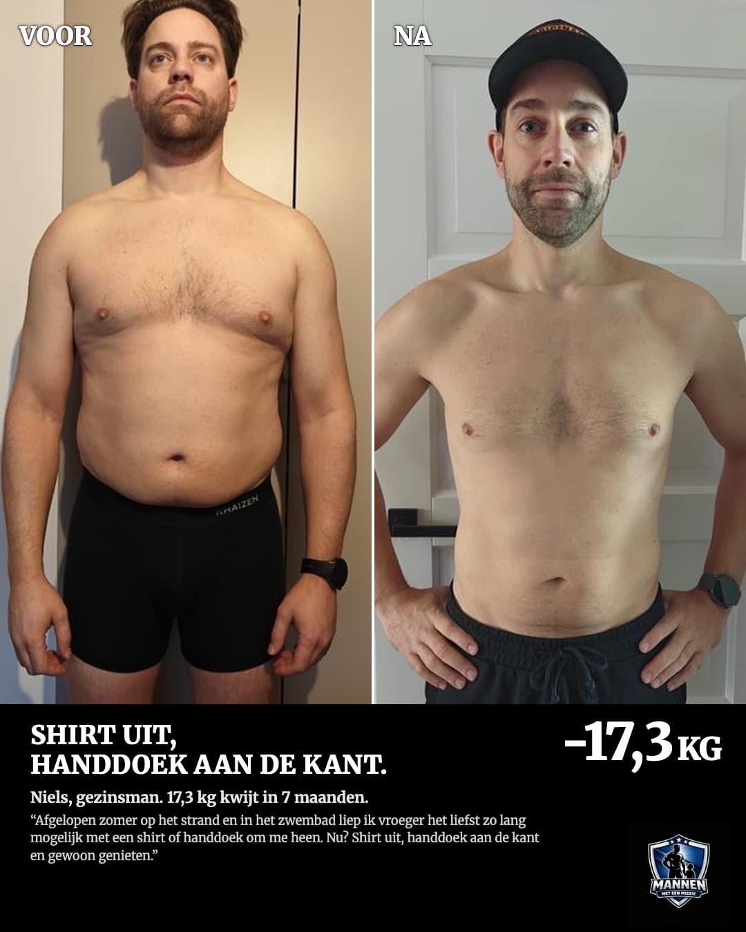 Voor en na: Niels, 17,3 kg lichter, met coaching van Mannen met een Missie
