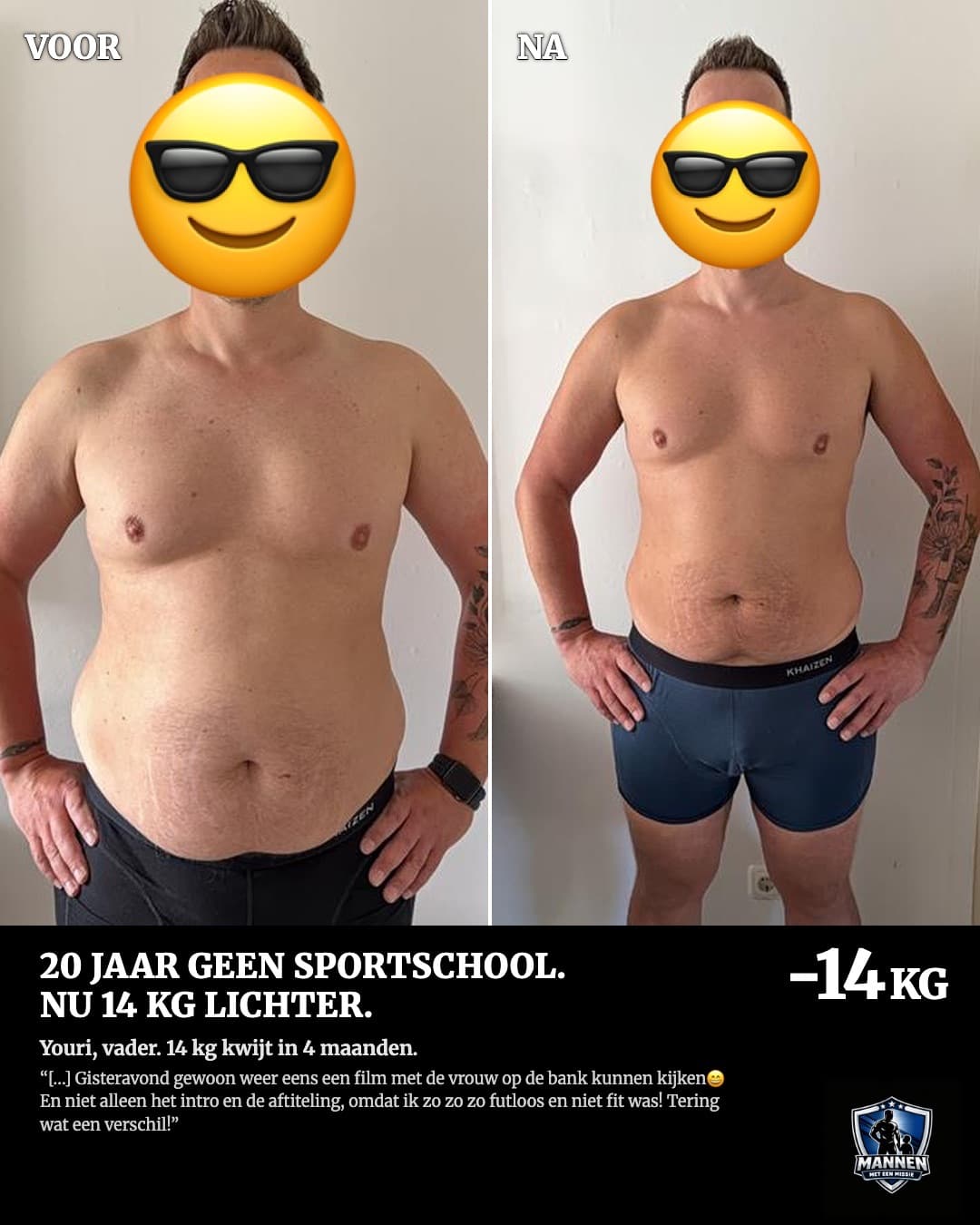 Voor en na: Youri, 14 kg lichter, met coaching van Mannen met een Missie