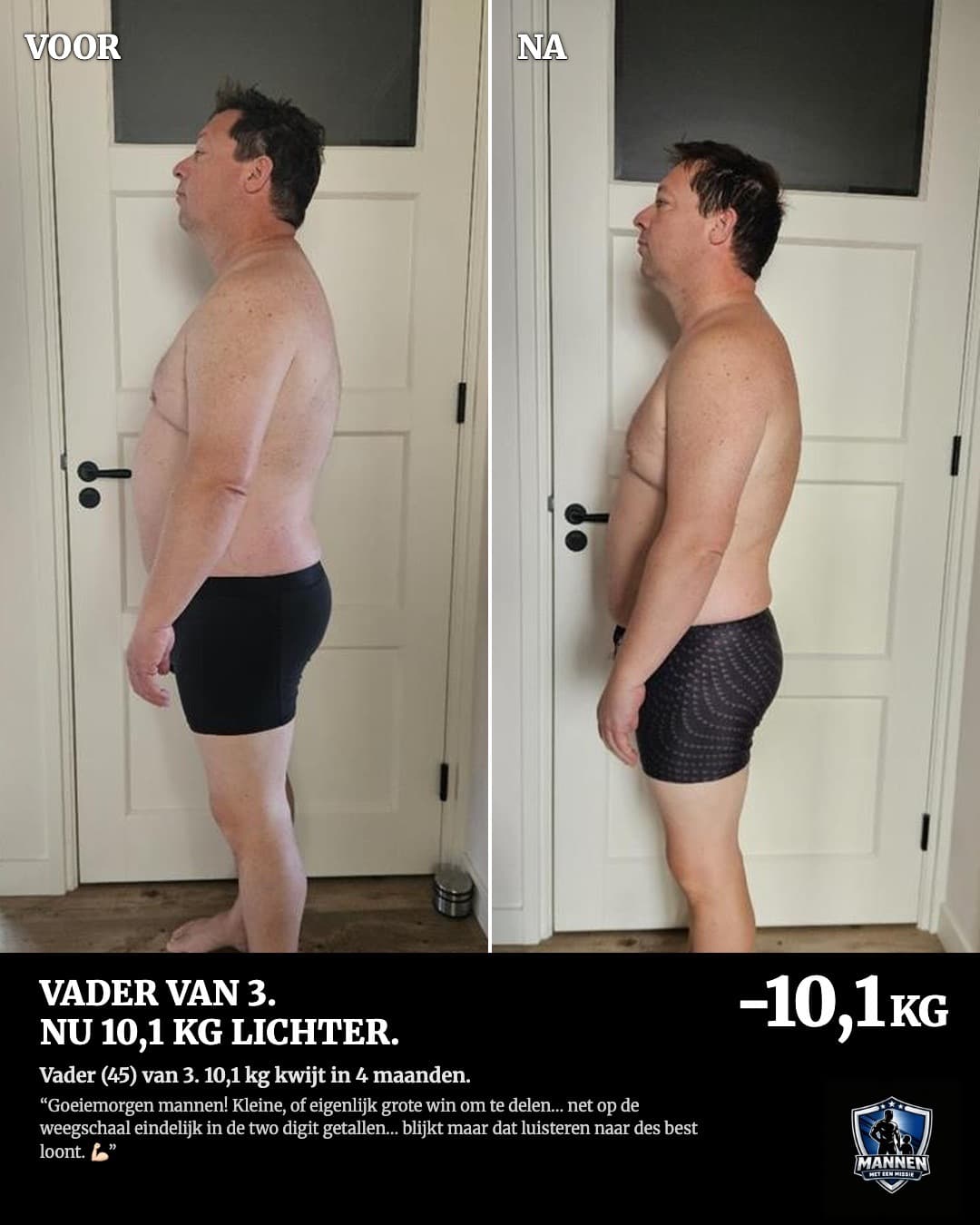Voor en na: 10,1 kg in 4 maanden, voor het eerst onder de 100, met coaching van Mannen met een Missie
