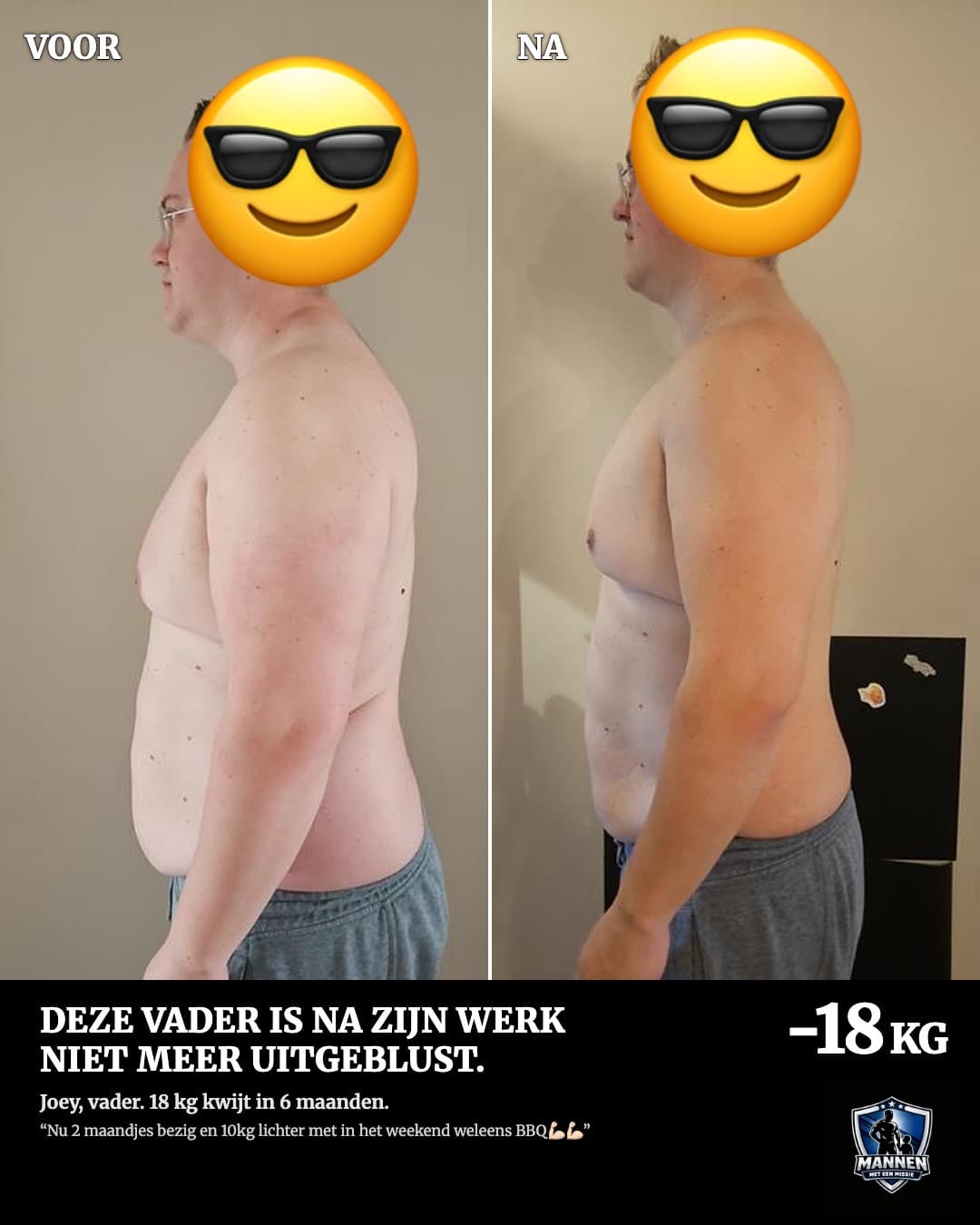 Voor en na: Joey, 18 kg lichter, met coaching van Mannen met een Missie