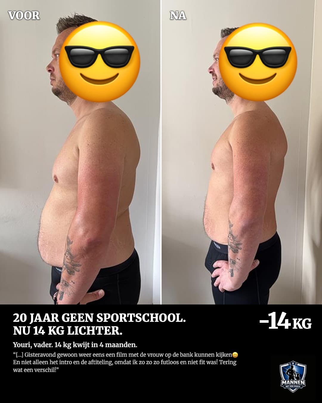 Voor en na: Youri, 14 kg lichter, met coaching van Mannen met een Missie